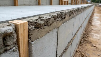 Poster - Skilled construction worker removing excess concrete from foundation wall, preparing surface for waterproofing membrane installation at residential building site