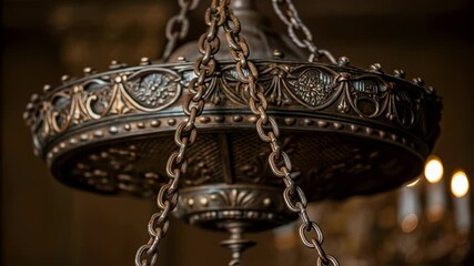 Poster - Woman gripping metal chains of ornamental chandelier, climbing desperately inside elegant vintage building, displaying intense physical strength and determination