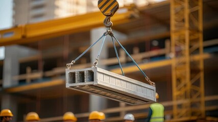Poster - Construction crane lifting a prefabricated concrete beam at a building site, with construction workers in the background ensuring safe and efficient operations