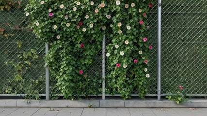 Aufkleber - Morning glory vines climbing persistently along metal fence, showcasing delicate pink and white blossoms spreading across intricate green foliage in vibrant summer garden landscape