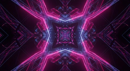 Aufkleber - Abstract Geometric Kaleidoscope Glowing Pink and Blue Neon Futuristic Tunnel 3D Render