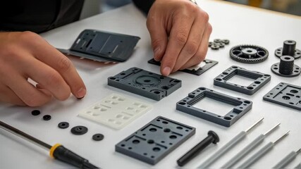 Aufkleber - Engineer meticulously assembles a complex device, carefully arranging and connecting various plastic and metal components on a clean white table