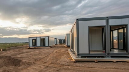 Aufkleber - Prefabricated container houses standing ready for final assembly, resting on construction site with cloudy sky overhead during residential development project