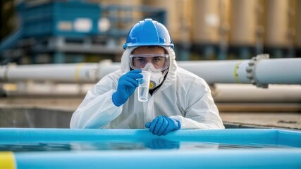 Aufkleber - Water analysis expert wearing protective gear collecting and examining a water sample in a water treatment facility, ensuring water quality and safety