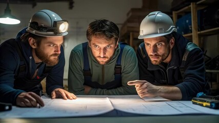 Poster - Focused engineers and architects with headlamps meticulously examine blueprints under lamp light, discussing project details in a dimly lit workshop