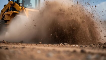 Aufkleber - Powerful machinery moves soil and generates dust clouds during earthmoving operations on a construction site, showcasing the dynamic nature of land development and preparation