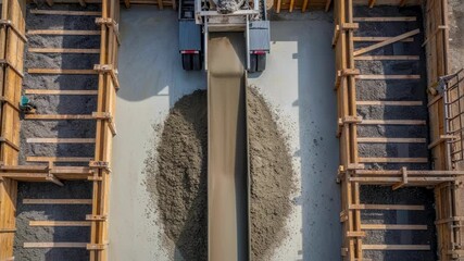 Poster - Construction workers carefully pouring wet concrete into foundation formwork, steadily building structural base for new residential or commercial development project
