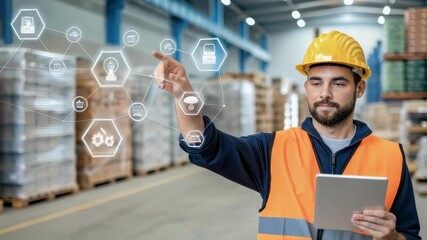 Aufkleber - Warehouse worker wearing safety vest and helmet using a digital tablet managing holographic interface in a storage warehouse, interacting with production and distribution processes