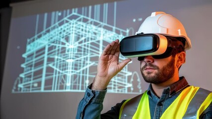 Aufkleber - Professional architect wearing virtual reality headset and interacting with a projection of a 3d model of a building, experiencing innovative design visualization