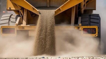 Poster - Heavy duty yellow dumper truck unloading crushed stone material at active construction site, generating billowing dust cloud during earthmoving infrastructure development process