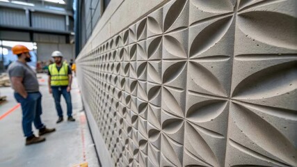 Aufkleber - Construction workers in hard hats discuss newly installed precast concrete wall panels with a decorative repeating geometric floral pattern