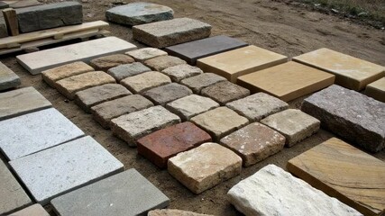 Poster - Several paving stones of different shapes, sizes, and colors lie on the ground at a construction site, possibly showcasing the range of materials available for a paving project