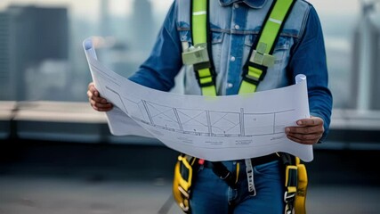 Poster - Construction worker wearing safety harness and helmet reviews blueprints on rooftop with cityscape background, ensuring project alignment with architectural plans