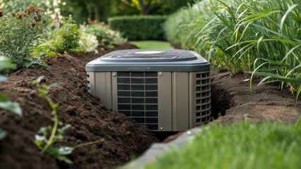 Aufkleber - Installation process of a heat pump in a residential garden, placed in a dedicated hole next to a flowerbed and ornamental grass, ensuring efficient temperature control for the house
