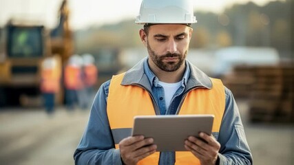 Poster - Construction engineering professional wearing protective safety gear checking digital tablet, supervising infrastructure project operations with technological precision at outdoor building site