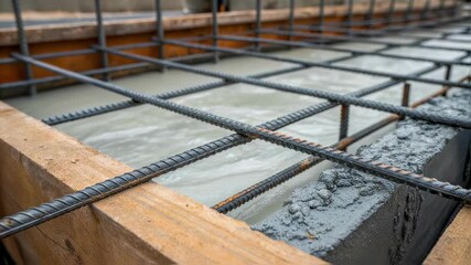 Poster - Liquid concrete is being poured into a wooden formwork structure, covering a grid of rebar reinforcement, creating a solid foundation for a construction project