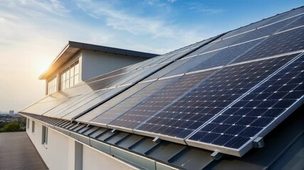 Aufkleber - Photovoltaic panels installed on a modern building roof harnessing sunlight to generate renewable energy, promoting sustainability and reducing carbon footprint