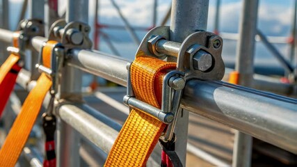 Aufkleber - Orange ratchet straps are tightly fastened around metal scaffolding poles, ensuring stability and safety at a construction site, with a clear blue sky in the background