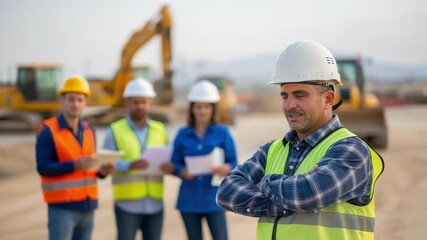 Poster - Construction site manager wearing a safety helmet and vest explaining something to his team of engineers and architects on a construction site with excavators and bulldozers in the background