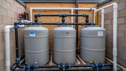 Poster - Industrial water purification system features interconnected tanks, pipes, and valves, ensuring efficient filtration and treatment process within a specialized facility