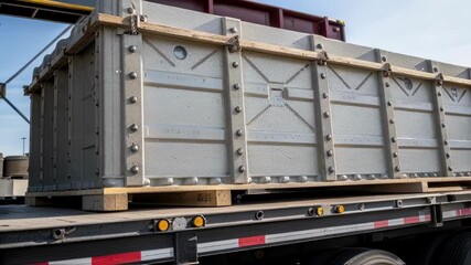 Poster - Industrial metal container firmly attached to flatbed truck, representing logistics and transportation operations moving across open roadway under bright, clear sky