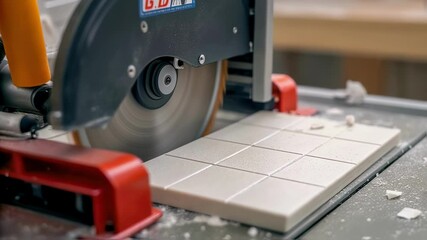 Poster - Construction professional precisely cutting white ceramic tiles with wet saw, generating small debris pieces on workshop table during detailed tiling work process