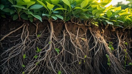 Poster - Healthy green plants thrive with complex root systems exposed on a soil surface, showcasing the intricate network essential for nutrient absorption and stability