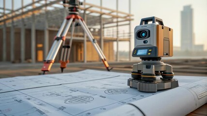 Aufkleber - Robotic total station performing precise measurements and data collection at construction site, with blueprints and partially constructed building visible