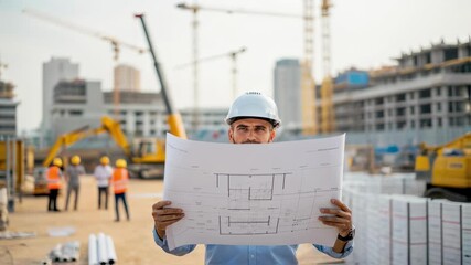 Aufkleber - Construction site engineer wearing a hardhat reviews blueprints, ensuring project progresses as planned, with cranes and buildings in background