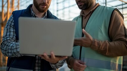 Poster - Two engineers wearing safety helmets and vests are discussing a project on a laptop at a construction site, pointing at the screen and gesturing