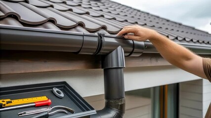 Poster - Professional roofing contractor carefully securing brown plastic downpipe along residential house exterior, using specialized tools during routine drainage system maintenance and installation