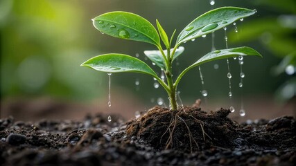 Poster - Young seedling receiving water drops on fertile soil, symbolizing sustainable growth, natural development, and ecological hope for vibrant new life emerging from earth