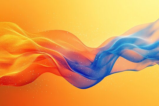 Bright orange and blue waves, yellow background, with small particles floating in the air, digital art style,
