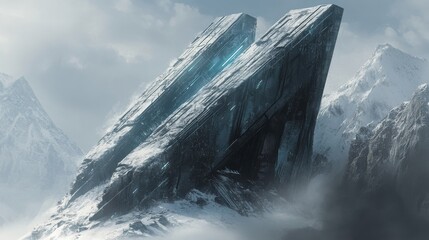 Wall Mural - A futuristic structure rising between snow covered mountain peaks