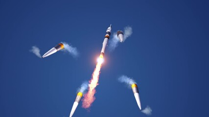 Wall Mural - separation of four first stage boosters of a launch vehicle taking off. 3d animation. 4k.