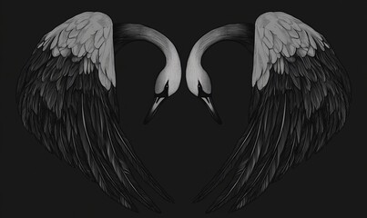 Modern black and white doodle art featuring a heart with wings or surrounded by flames