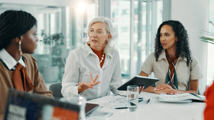 Aufkleber - Management, meeting and tablet with business women in boardroom of office for planning or strategy. Collaboration, feedback and schedule with employee team in workplace for agenda, report or review