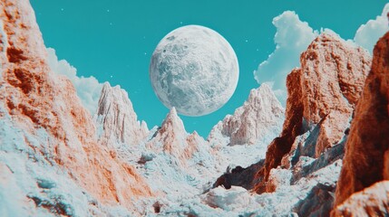 Wall Mural - A large moon floats above rocky mountains in the blue sky