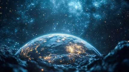 Poster - A futuristic depiction of Earth from space, illuminated with glowing city lights under a cosmic sky