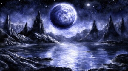 Wall Mural - A surreal and fantastical landscape features a nighttime water scene