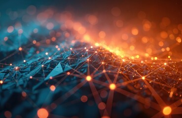 Fototapete - Abstract background glowing low poly network. Tech concept with digital futuristic modern geometric polygonal design. Bright, vibrant, tech, connection, web, mesh pattern, neon illuminated high