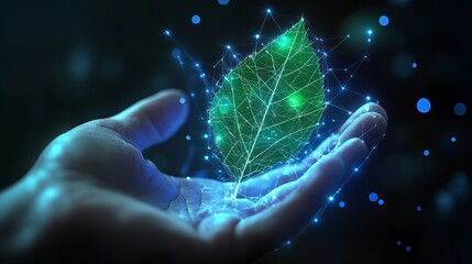 Wall Mural - digital green leaf in hand abstract technology nature eco friendly concept futuristic sustainable gr