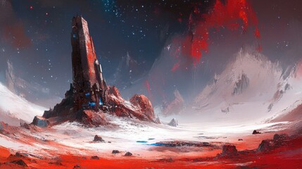 Wall Mural - A tall red structure is located on a desolate alien landscape