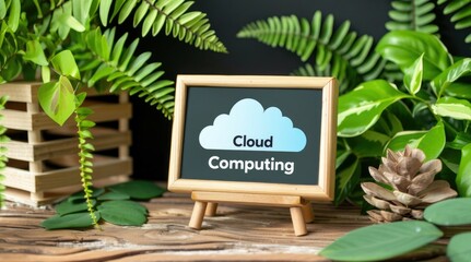 Poster - Cloud Computing Technology Concept Wooden Sign with Green Plants