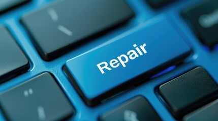 Poster - Blue Keyboard Repair Button Close Up Shot Technology Concept Image