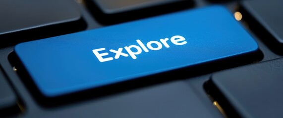 Poster - Blue Explore Button on Modern Laptop Keyboard Close Up Technology Image
