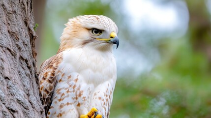 close-up of a raptor perched on a tree trunk. a beautiful bird of prey, with a pale, speckled body, 