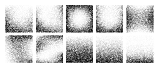 Grainy noise square vector set. Dot grain texture squares. Spray texture sand and dissolving squares. Abstract black square with gradient stipple pattern. Vector illustration