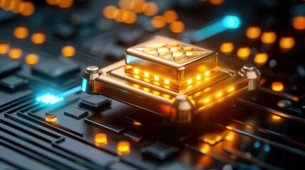 Poster - Futuristic Golden Processor Chip on Advanced Circuit Board Glowing with Orange Blue Lights