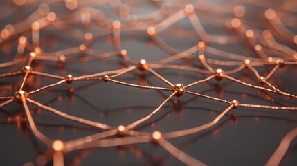 Poster - Abstract Network Connection Rose Gold Beads Linked by Thin Wires Showing Interconnection